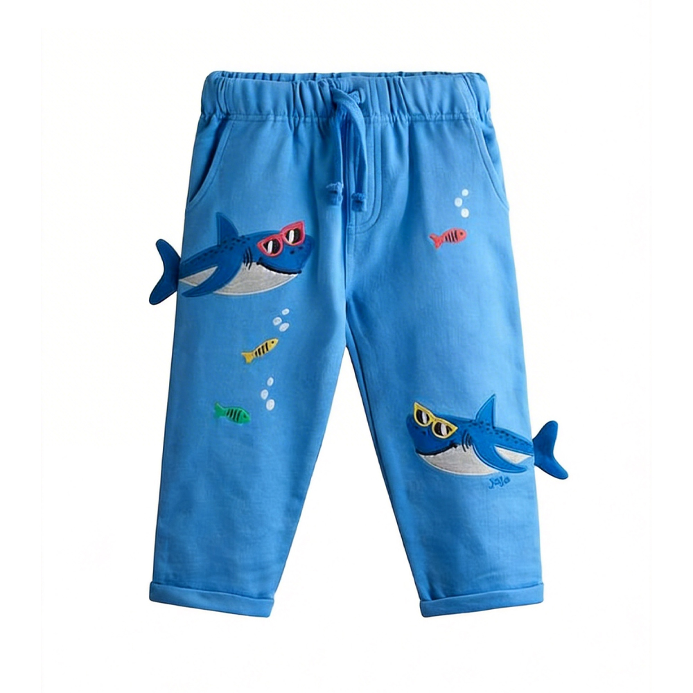 Pantalón de punto con apliques de tiburón azul oscuro de Bebe Boy 