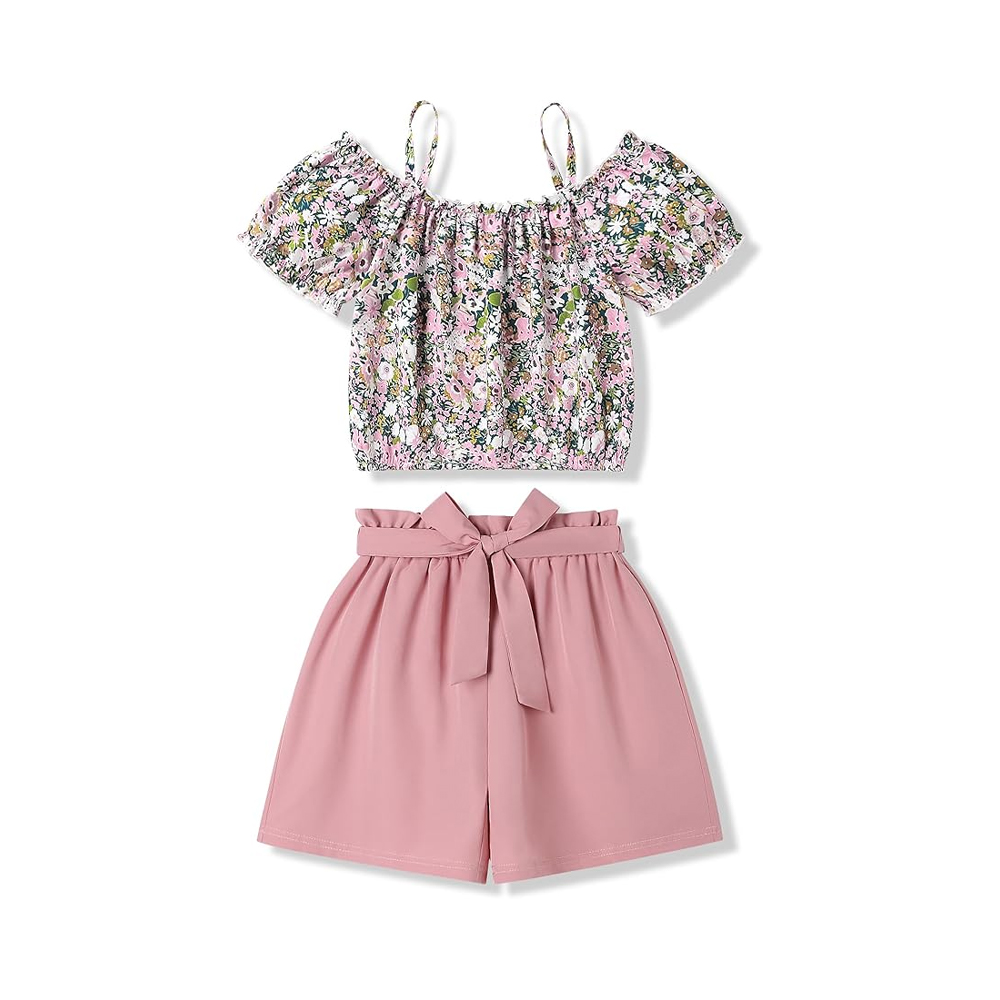 Camisa superior con estampado de verano para niña y conjuntos cortos sólidos 