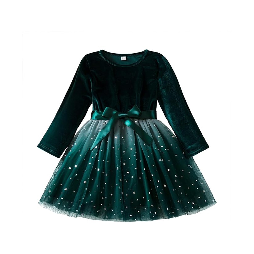 Vestido de princesa con lazo y lazo en forma de estrella de terciopelo para niña 