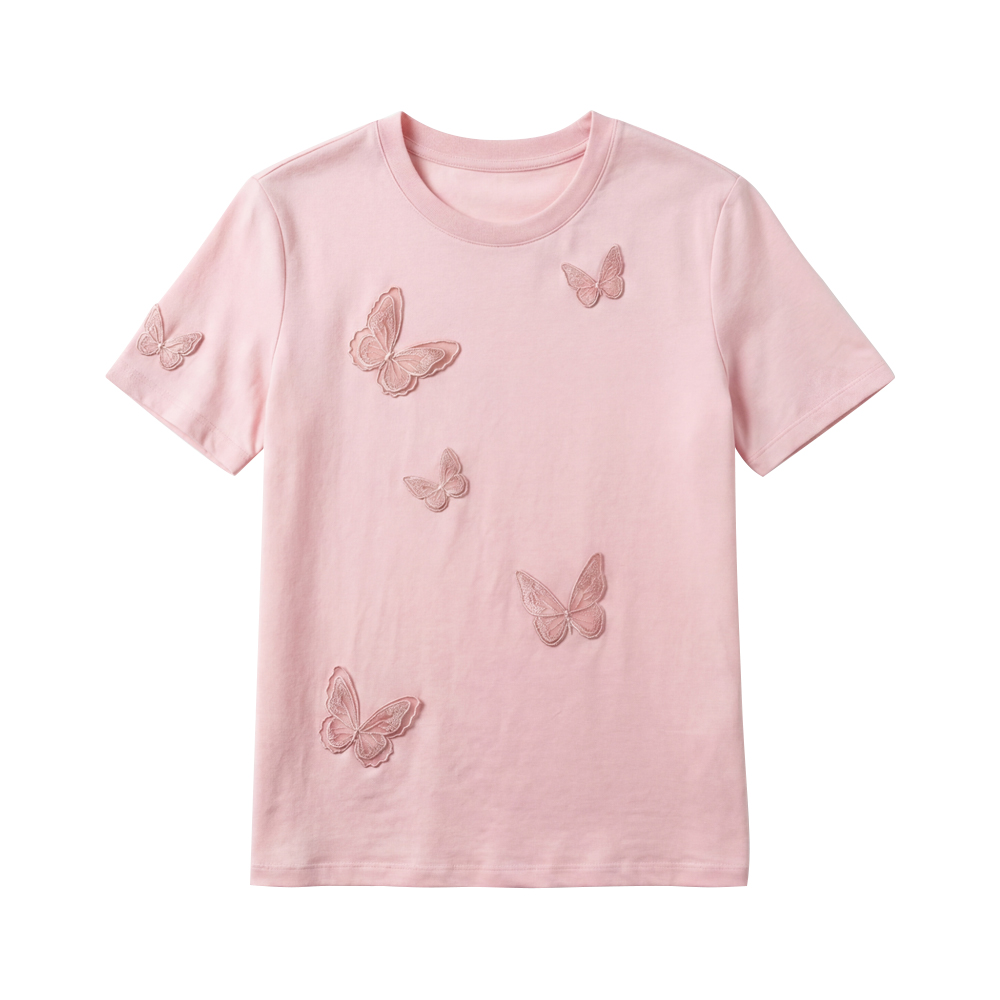 Camiseta de algodón con mangas cortas y mariposas para mujer
